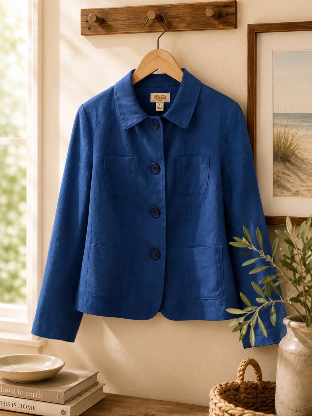 Talbots Cobalt Blue Button-Front 4 pocket linen Blazer utility jacket size. 6